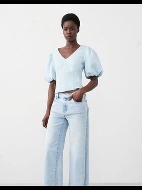 Banana Republic Light Blue Puff Sleeve V-Neck Blouse